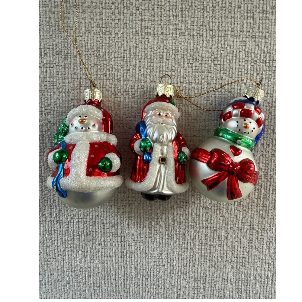 Vintage Lao Mai Blown Glass Set of 3 Christmas Ornaments 2 Snowmen & Santa
